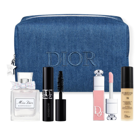 Dior Cosmetics  Bag Jeans set , Dior Snow Pump'N'Volume #090 4g , Dior Addict Lip Maximizer #001 2ml , Dior Forever Skin Glow #1N  5ml , Miss Dior Blooming Boquet EDT 5 ml   , Dior set, กระเป๋ายันส์ดิออร์     